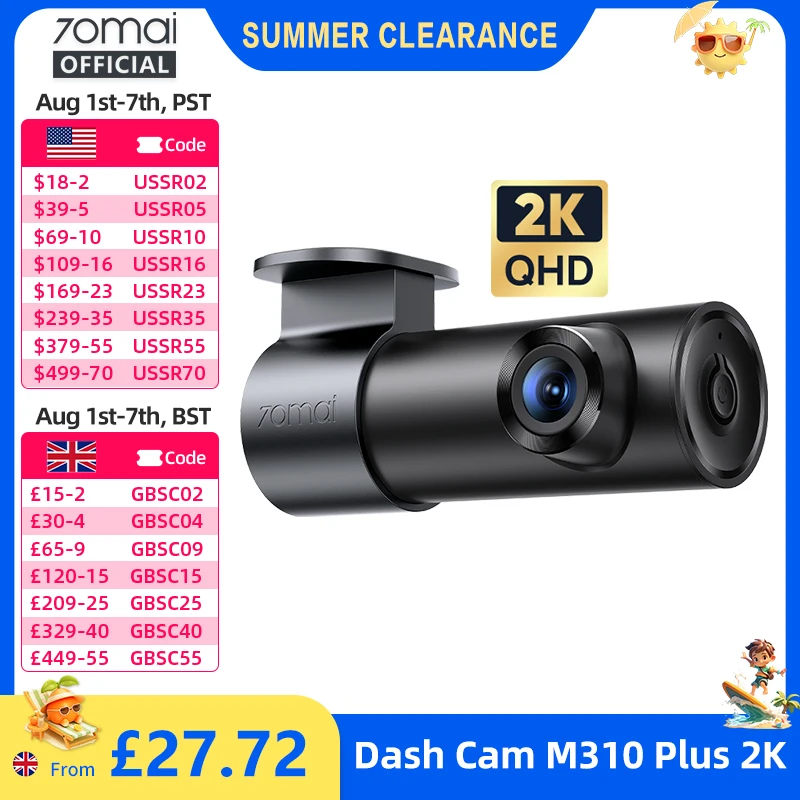 70mai M310 Plus 2K Dash Cam with Night Vision & 24H Parking Guard