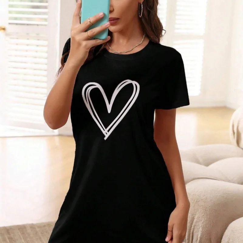 

Ночная сорочка больших размеров для женщин: домашнее платье с коротким рукавом, принтом в виде сердец, круглым вырезом, сексуальное, романтичное, для дома