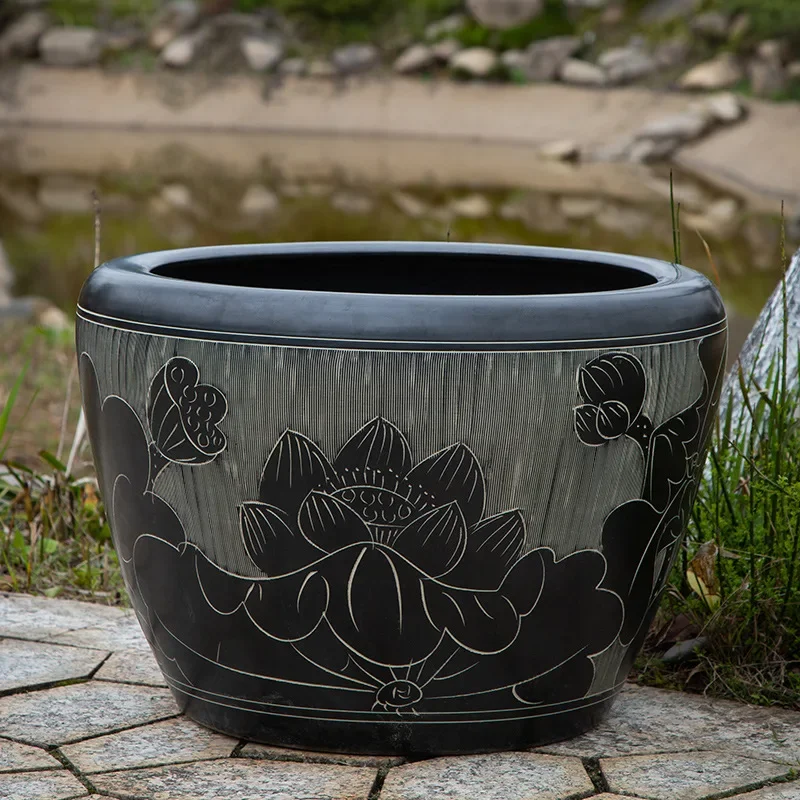 Ceramic fish tank hand-painted blue and white fish pot calligraphy and painting tank lotus tank water lily bowl lotus aquarium