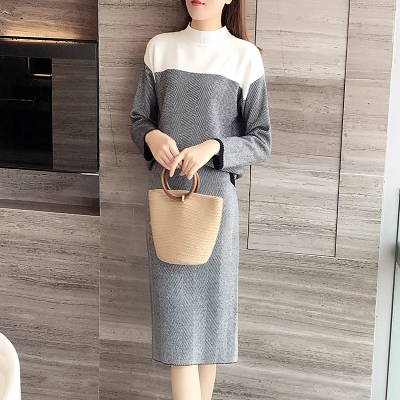 Women's Black White Contrasting Knitted 2-Piece Set Autumn Winter Small Fragrant Sweater Half Skirt Ensemble New 2026