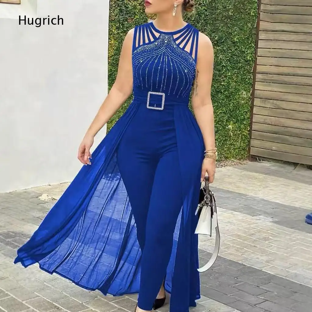 Women Cutout Sleeveless Rhinestone Jumpsuit With Mesh Overlay Belted Formal Party Outfit