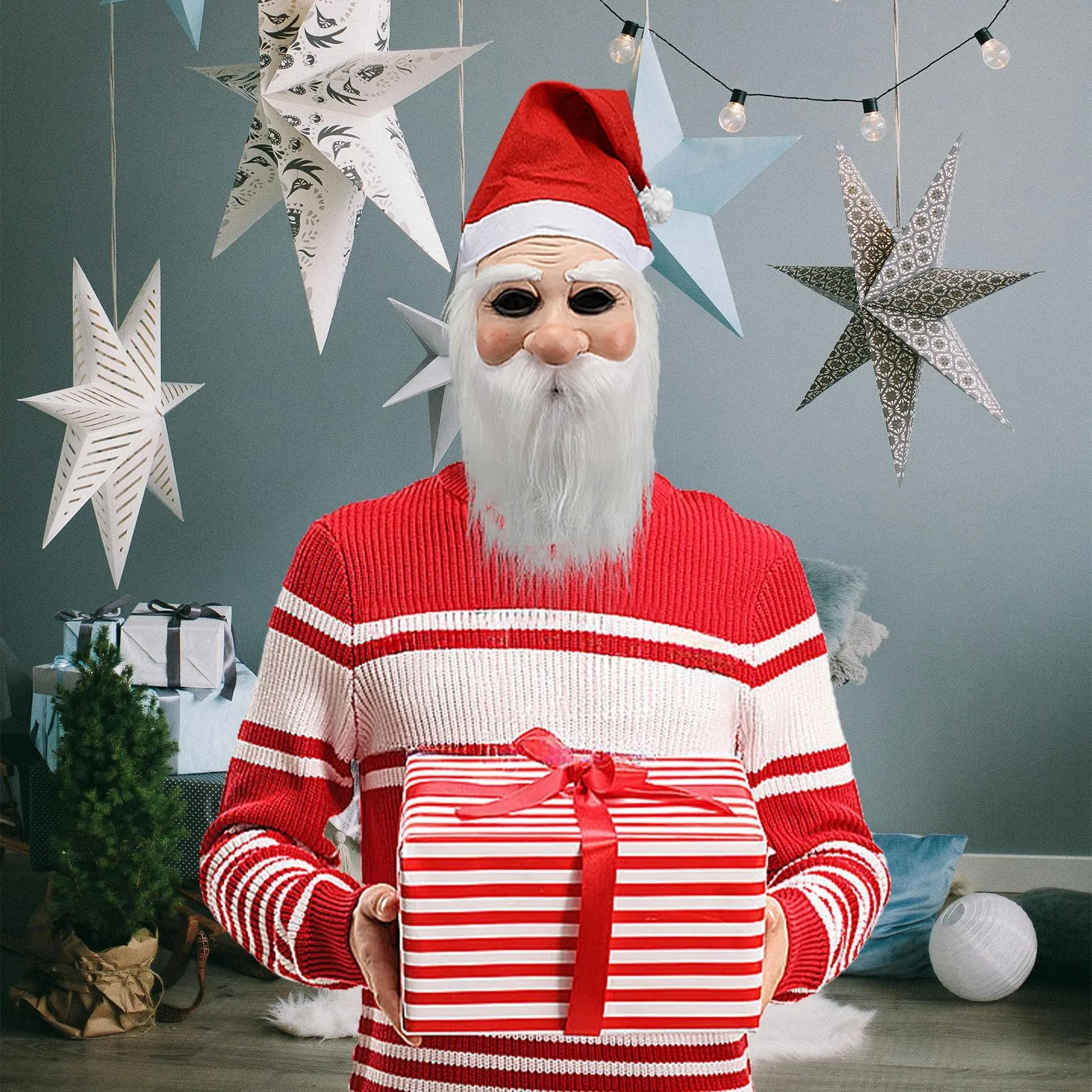 عيد الميلاد سانتا كلوز قناع اللاتكس سانتا كلوز نفس النمط غطاء رأس اللاتكس الأبيض اللحية الرجل العجوز قناع الدعامة لعب الأدوار غطاء رأس