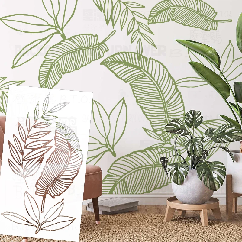 Palm Tree Leaf Line Art 58cm - 97cm Wall Stencil Decor For Painting Plaster Putty Decorative Larges Target Linear Tropical S582