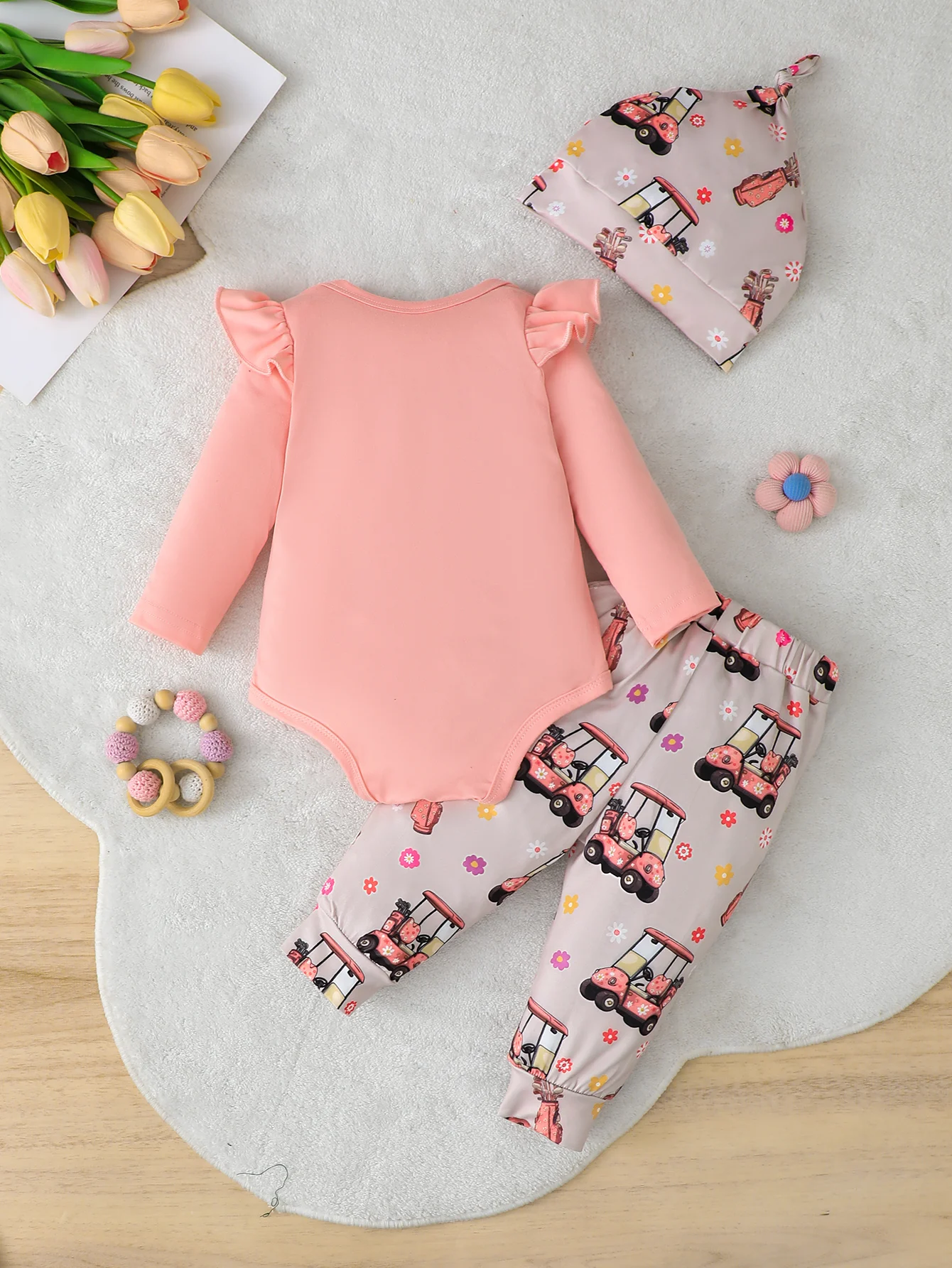 Baby Girl round Neck Long Sleeve Romper Set with Pants And Hat Three-Piece Cartoon Pattern Outfit for Spring Autumn Casual Wear