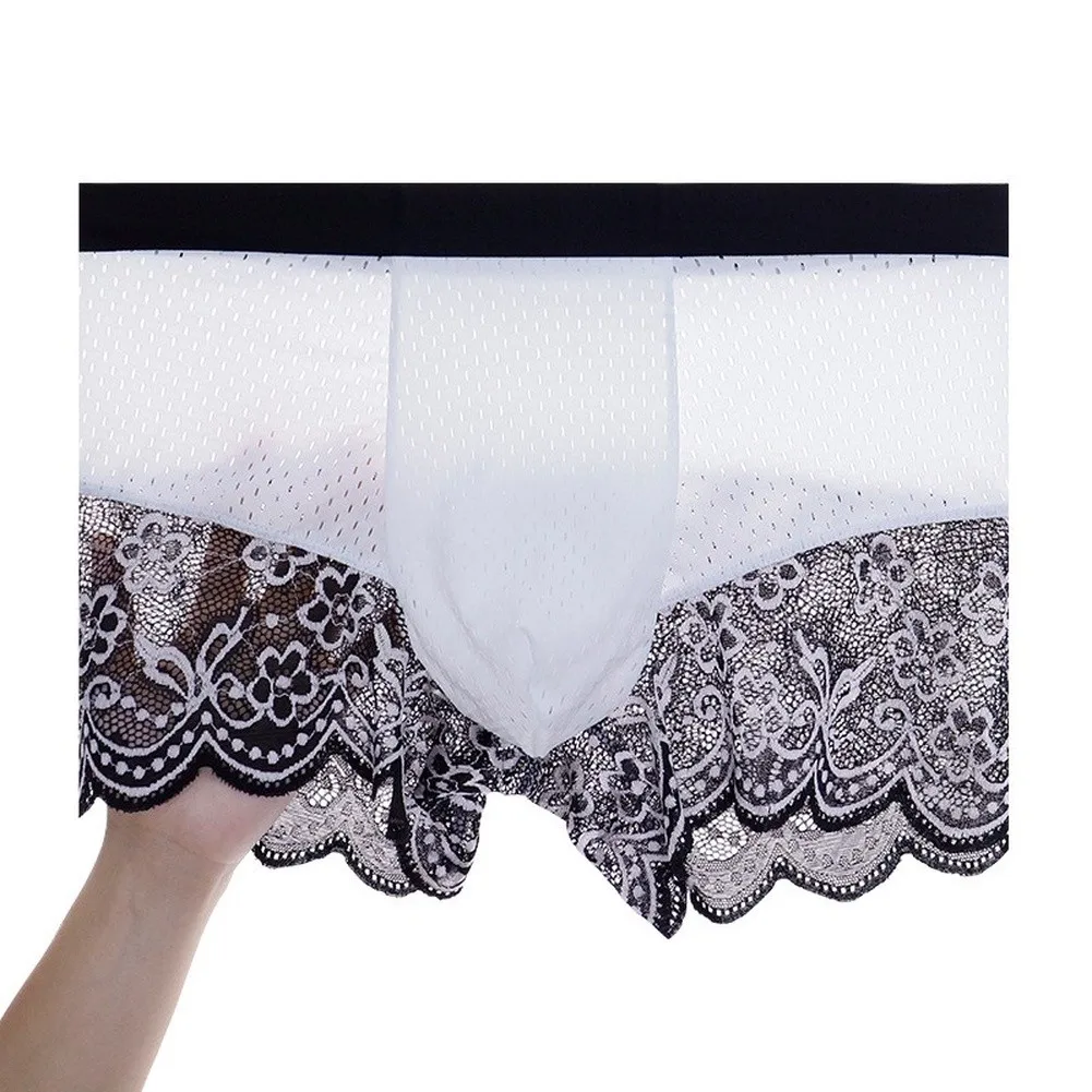 Men's Ice Silk Lace Mesh Boxer Shorts Bulge Pouch Underwear Male Trunks Panties Sexy Jacquard Sheer Boxer Shorts Underwear