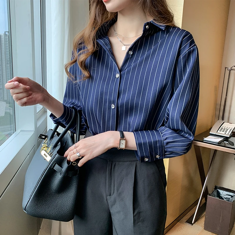 Blusas Mujer De Moda 2024 Blouse Women Turn Down Collar Office Blouse For Women Striped Chiffon Blouse Shirt Women Blouses D393