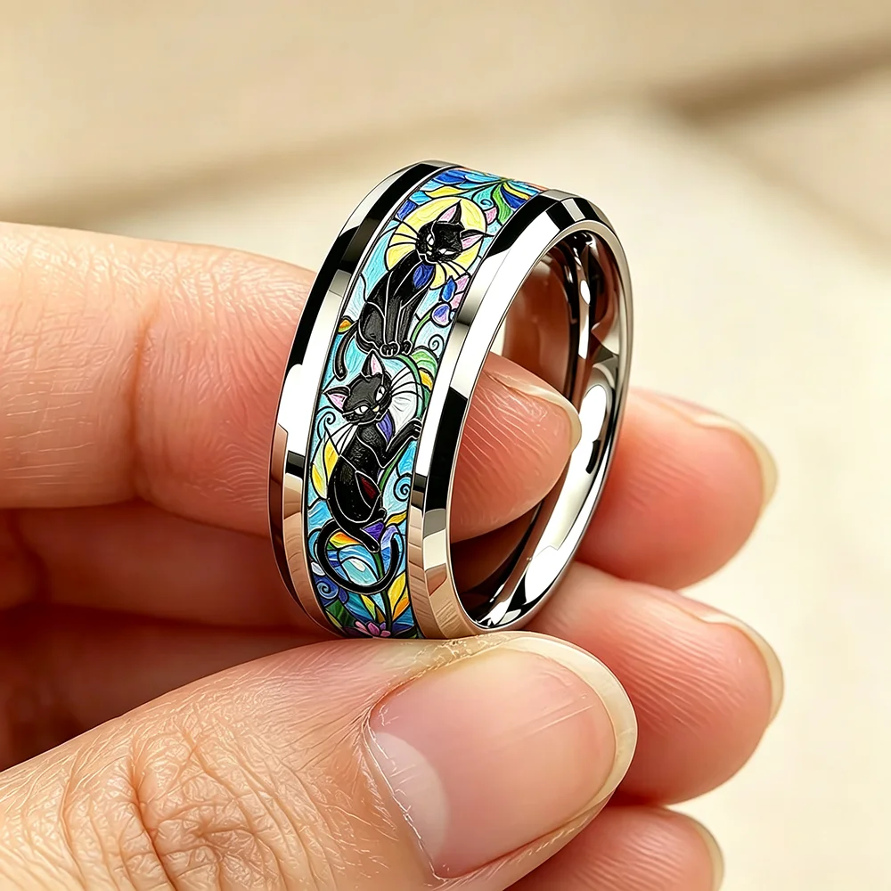 Künstlerischer Stil Abstrakter Schwarzer Katzen-Mond-Ring Einzigartige Edelstahlringe für Männer und Frauen Hochzeit Party Schmuck Geschenk für Katzenliebhaber – Detail 7
