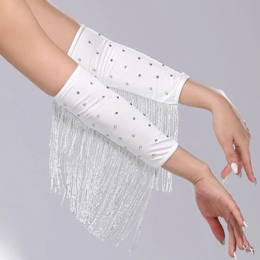 Performance Stage Latin Dance Fringed Sleeves Drilling Rhinestone Solid Color Women's Arm Sleeves Latin Dance Costumes Flash