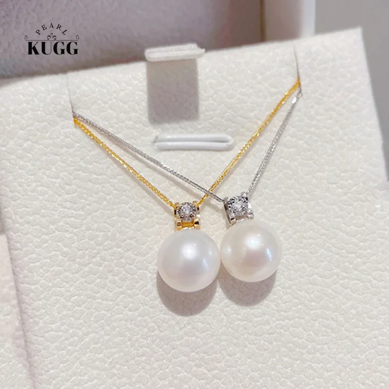 

KUGG PEARL 18K White or Yellow Gold Necklace 9-10mm Natural Feshwater Pearl Shiny Diamond Necklace for Women Christmas Gift