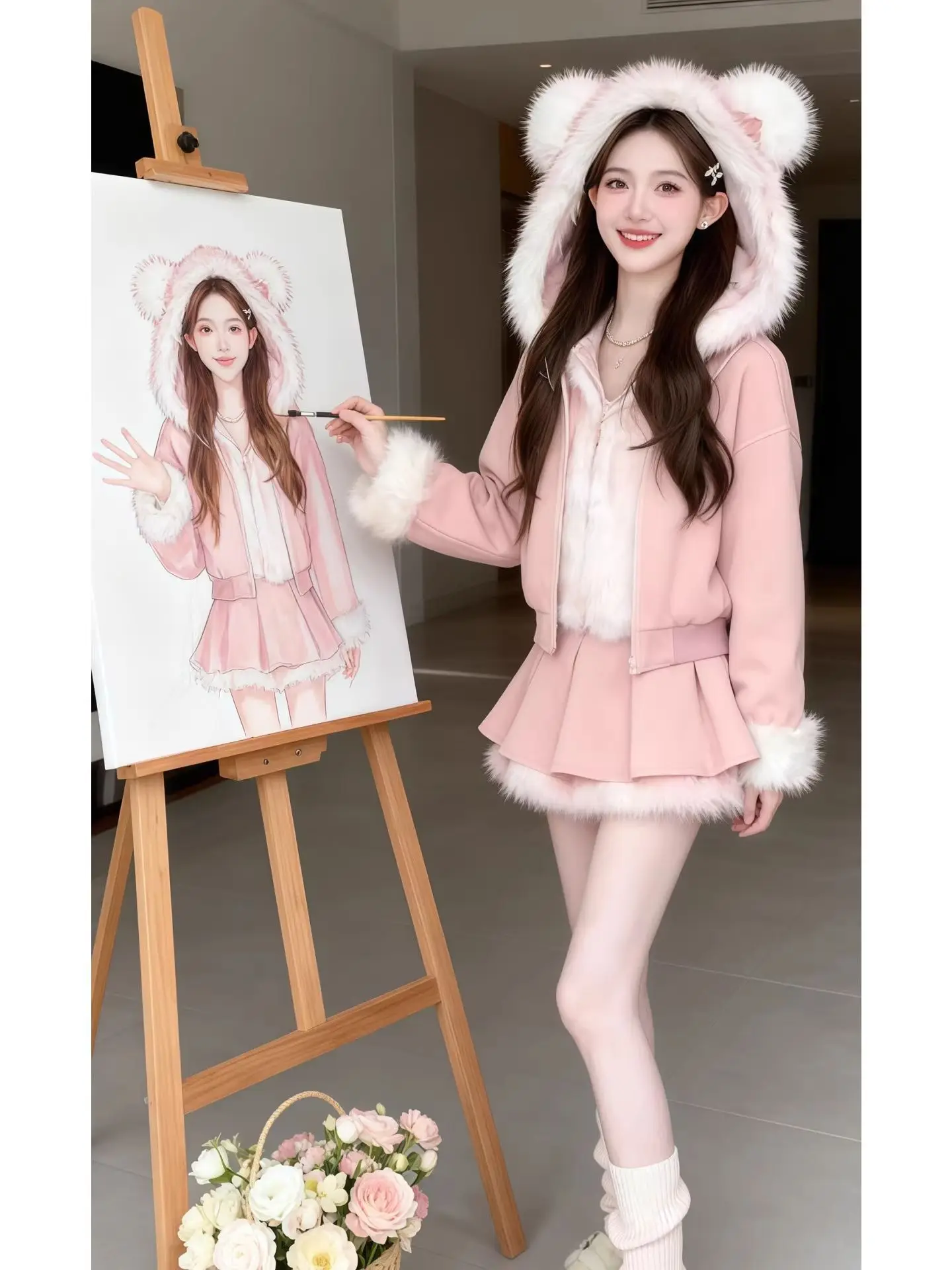 

Модный комплект из двух предметов в стиле Sweet Girl: укороченная юбка и пальто с меховым воротником. Теплый, модный, розовый, шерстяной, для весны и осени.