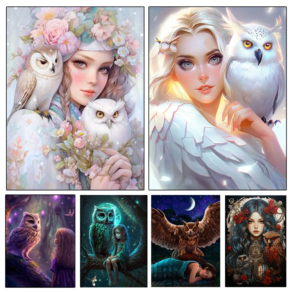 

New Diamond Painting Full Mosaic Embroidery Cartoon Girl and Owl 5DDIY Kit Portrait Art Painting Home Wall Decoration