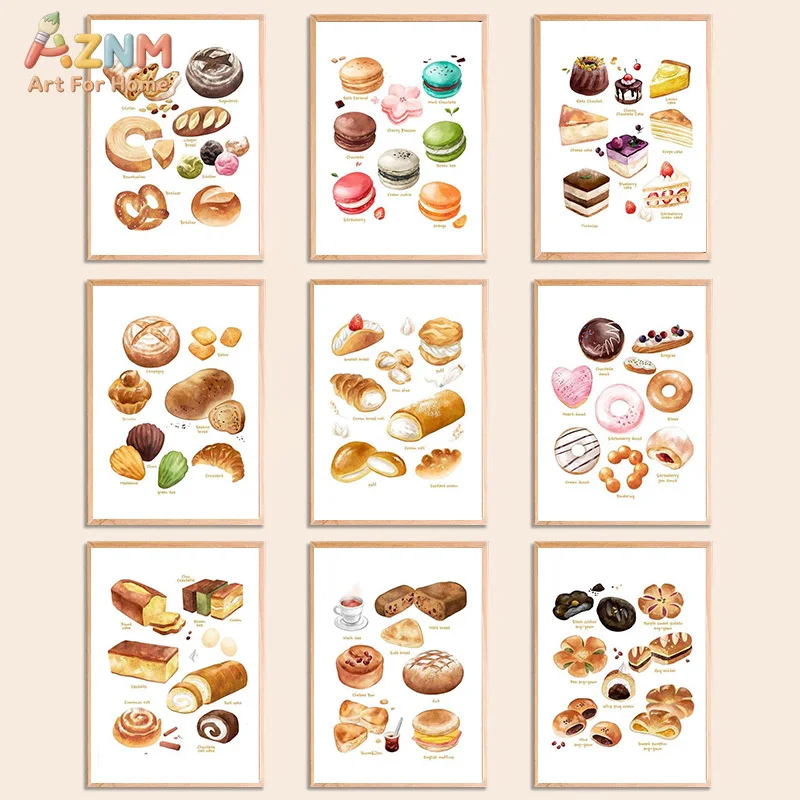 AZNM Watercolor Bread Pastry Wall Art Canvas Print Unframed Macaron Cake Donut Croissant Bakery Food Illustration Poster Modern
