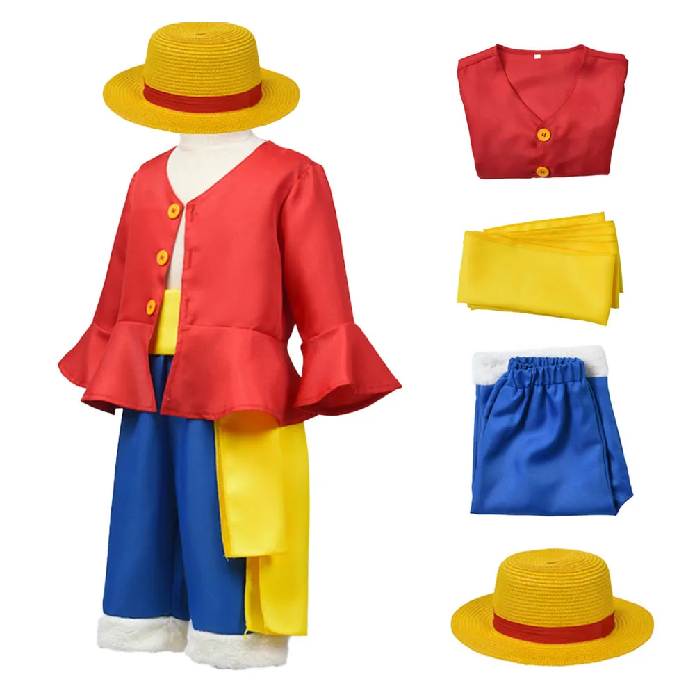 Kids Anime Luffy Cosplay Costume with Straw Hat for Boys Halloween Carnival Uniform Coat Pants Belt Full Set Dress Up