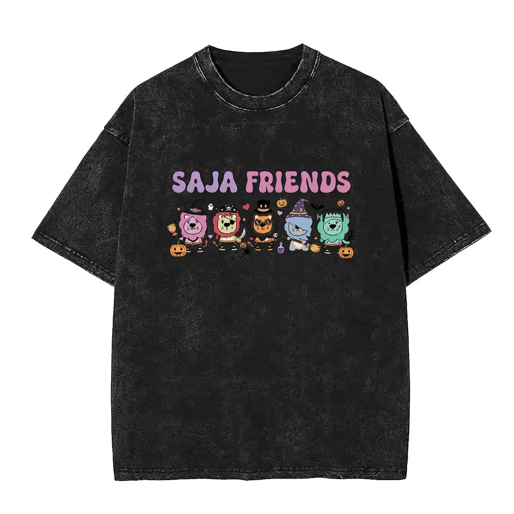 

Washed Vintage Kpop Demon Hunters Saja Boys Rumi Mira Zoey Derpy Tiger Halloween Style T-shirt Unisex Casual Crewneck T Shirts