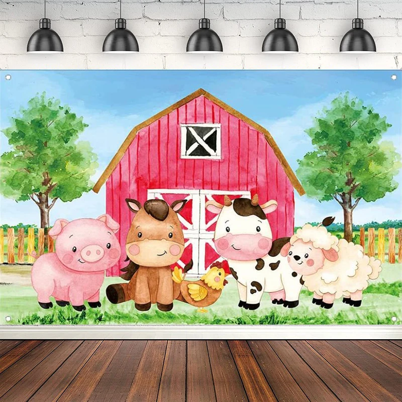 Photography Backdrop Cartoon Farm Animals Red Barnyard Door Blue Sky Kids Birthday Party Background Baby Shower Poster Banner