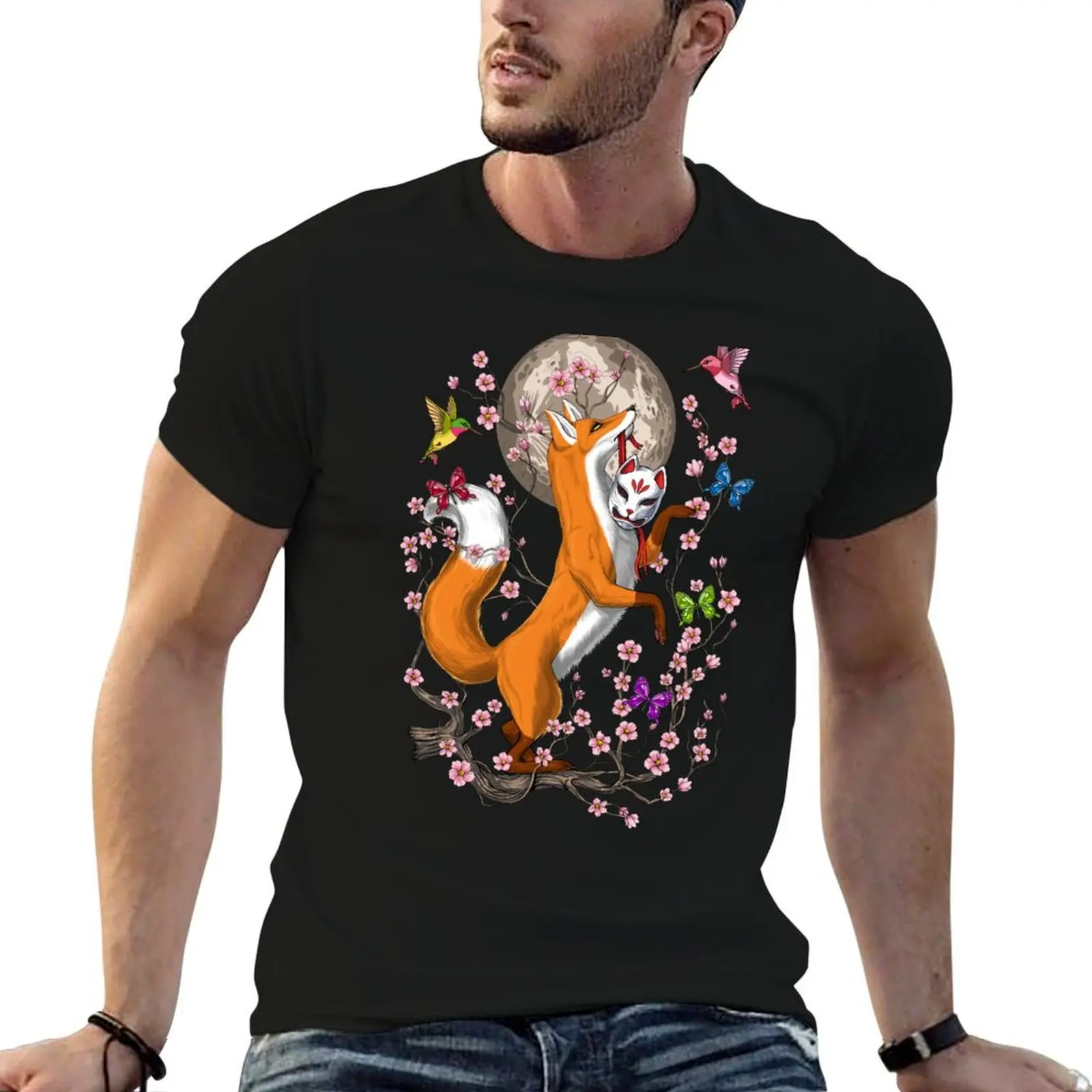 

Fox Cherry Blossom T-Shirt printed t shirts for man cotton tshirt 100% g man t shirts for men T-shirt