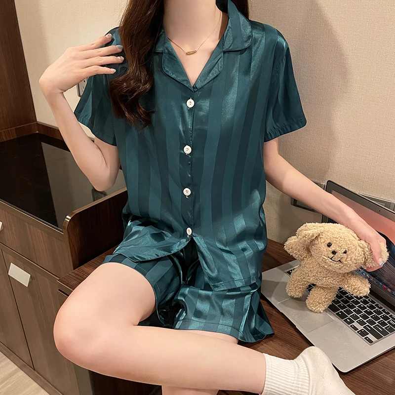 Silk Pajamas Women Summer Short Sleeve Shorts Suit Solid Satin Thin Ladies Large Size Casual Luxury Cardigan Homewear Sexy Pjs