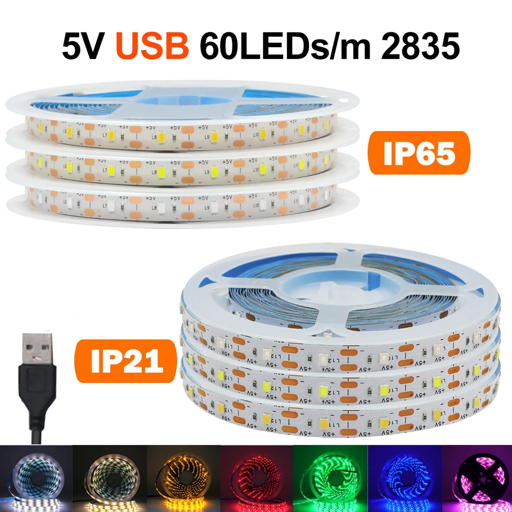 USB LED Strip Lights 5V 60LEDs/m 2835 Flexible Lamp Tape for TV Background Kitchen Bedroom Christmas Decoration Lighting Lamp