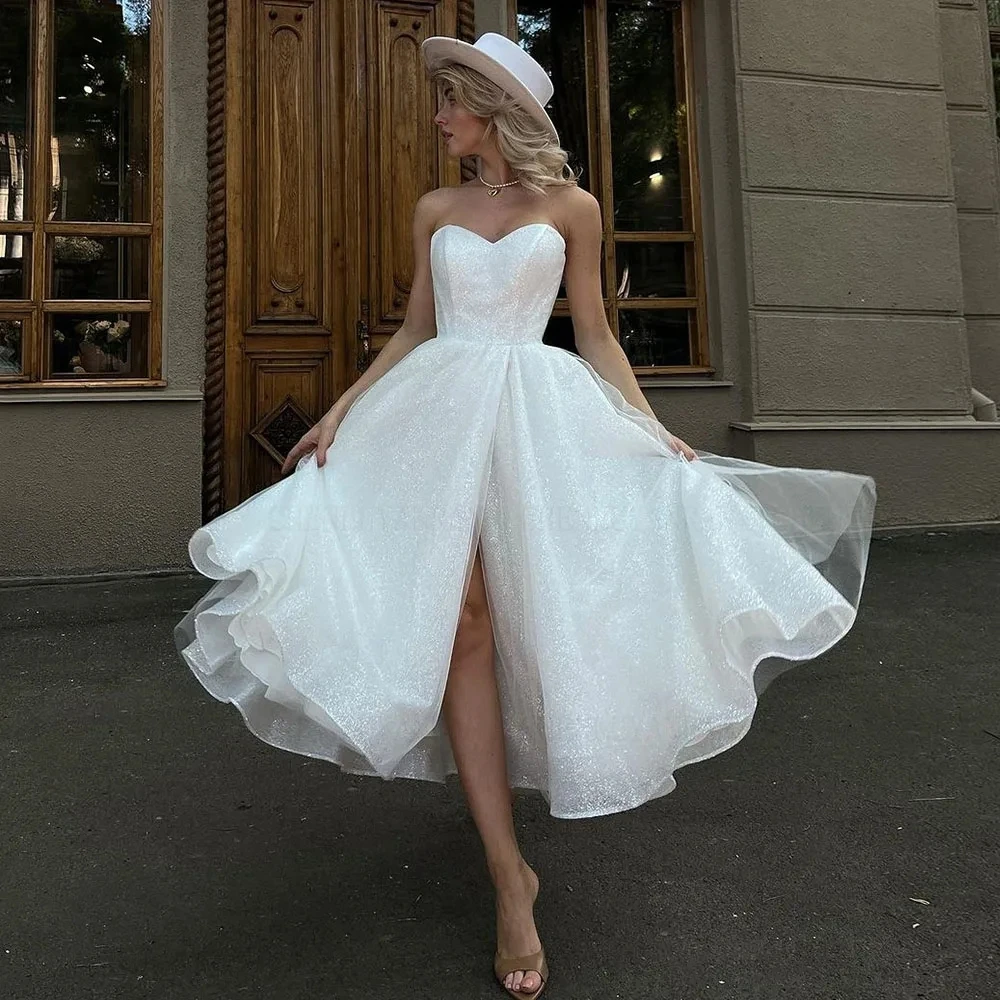 Glitter Sequins Wedding Dresses With Pockets Tea-Length Tulle Bride Party Dress Strapless Slit vestidos de novia