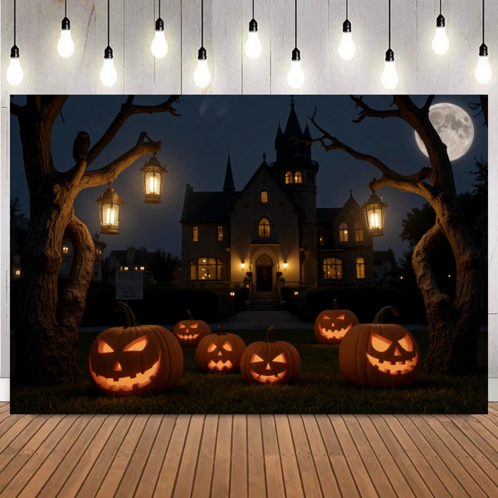 

Halloween Horror Deco Full Moon Castle Background Owl Candle Pumpkin Lantern Forest Cat Festival Birthday Party Photo Backdrop