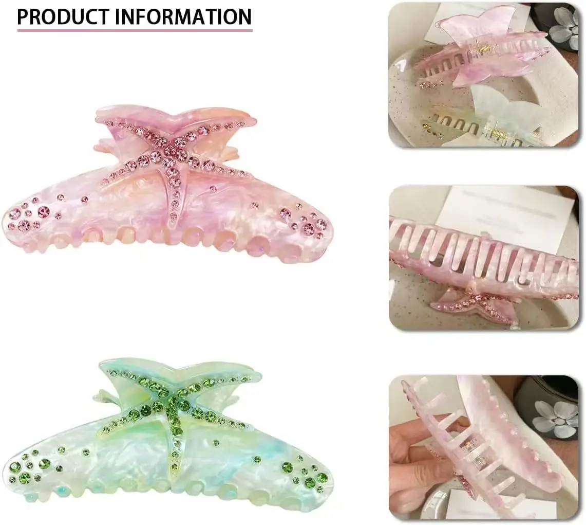 1pc Large Diamond Set Starfish Hair Clip，Summer Beach Starfish Hair Clip，Non Slip Acetate Power Hold Chin Hair Clip image 4
