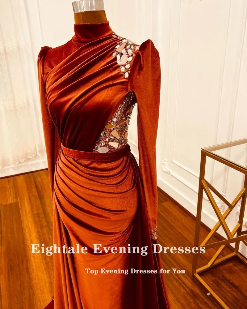 Eightale Muslim Arabic Evening Dresses High Neck Burnt Orange Beaded Long Sleeves Customized Mermaid Prom Party Gowns Velvet