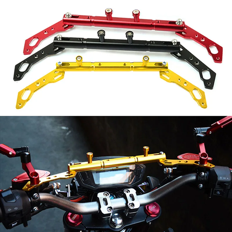 แฮนด์จับมัลติฟังก์ชั่นแบบปรับได้สำหรับมอเตอร์ไซค์ ยี่ห้อ Universal Motorcycle Strengthen CNC พร้อมที่ยึดโทรศัพท์ GPS สีทอง/ดำ