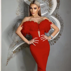 GORAFASHION 2024 Fashion Women Sexy Off Shoulder Feather Red White Pink Midi Bodycon Bandage Dress Elegant Evening Club Party