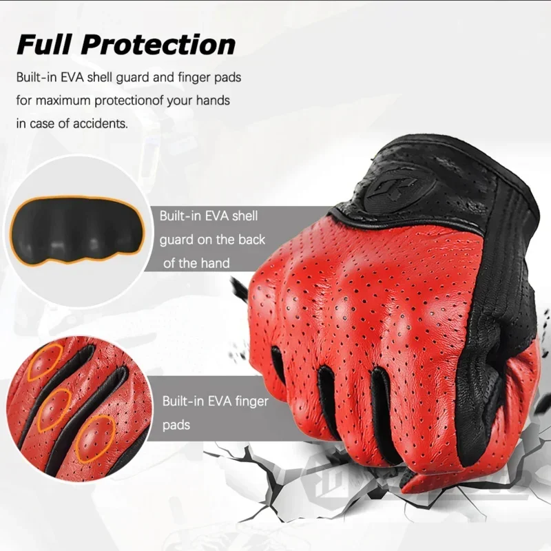 Summer Breathable Perforation Motorcycle Gloves Retro Leather Full Finger Touchscreen With Built-in EVA Shell Protector Gloves