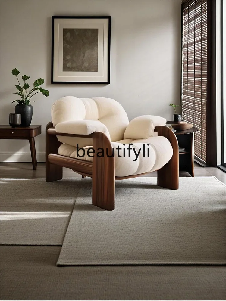 E182 Designer Medieval Single Sofa Chair Living Room Premium, Home Wabi Wind Solid Wood Cloud Leisure Chair