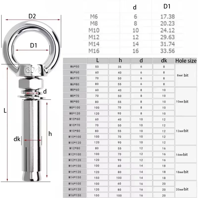 304 Stainless Steel Sleeve Anchor Eye Bolt M6 M8 M10 M12-M20 Concrete Lifting Ring Expansion Screw Hook