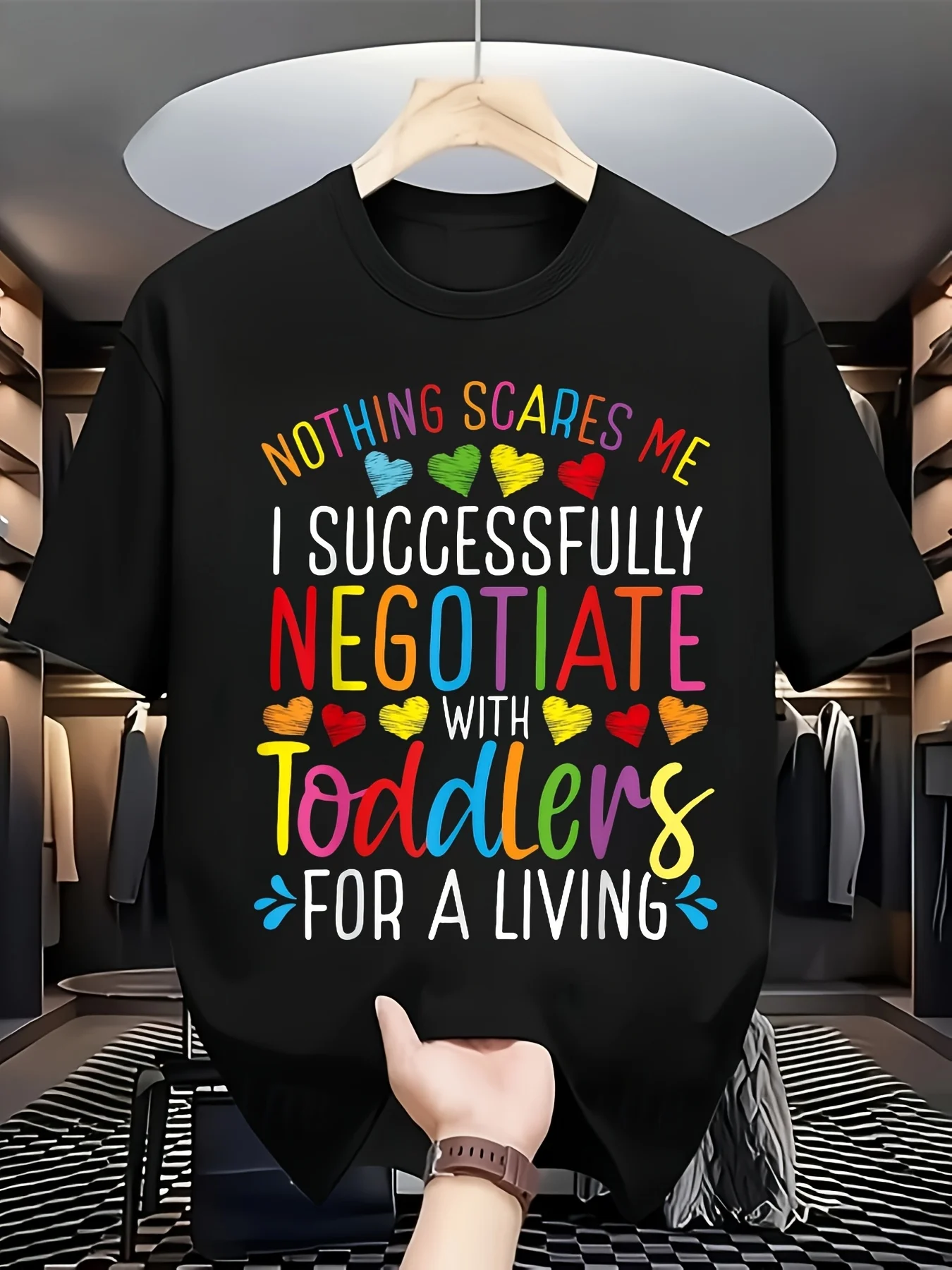 Graphic TShirt for Female Childcare Educators Humorous Quote I Handle Negotiations Adorned with Colorful Hearts And Stars Crew Neck Short Sleeve Top for Daycare Workers And ParentsRetro Casual Crew Neck Printed T-Shirt