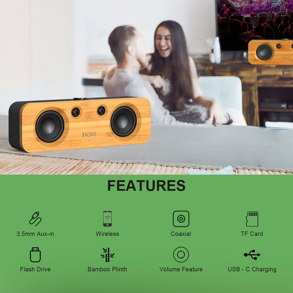 DOSS Home Bluetooth Speaker Powerful 50W Stereo Bass Subwoofer Sound 35H Playtime Wireless Speaker for Record Player Computer TV