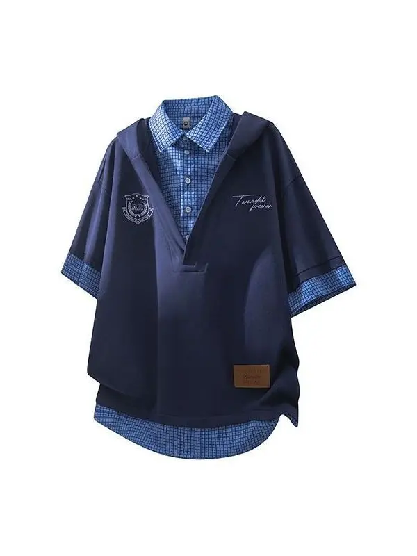 Casual Short Sleeve  Shirt with Hat Summer Loose Plaid Patchwork Collar Trendy Top Men's Fashion Breathable Single Wear