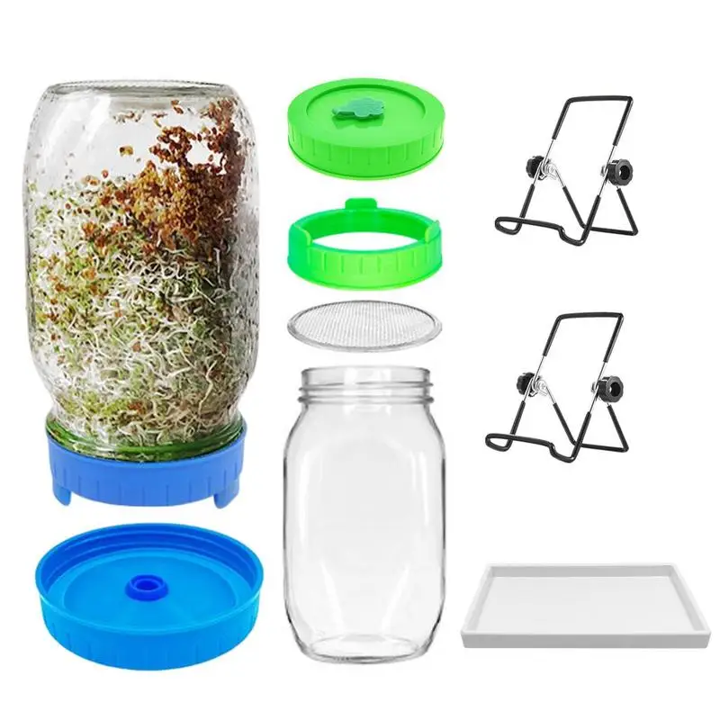 2pcs Seed Sprouting Jar Kit Kitchen Seed Germination Glass Cups And Stands Seeds Sprouter Set Wide Mouth Mason Jar For Mung Bean