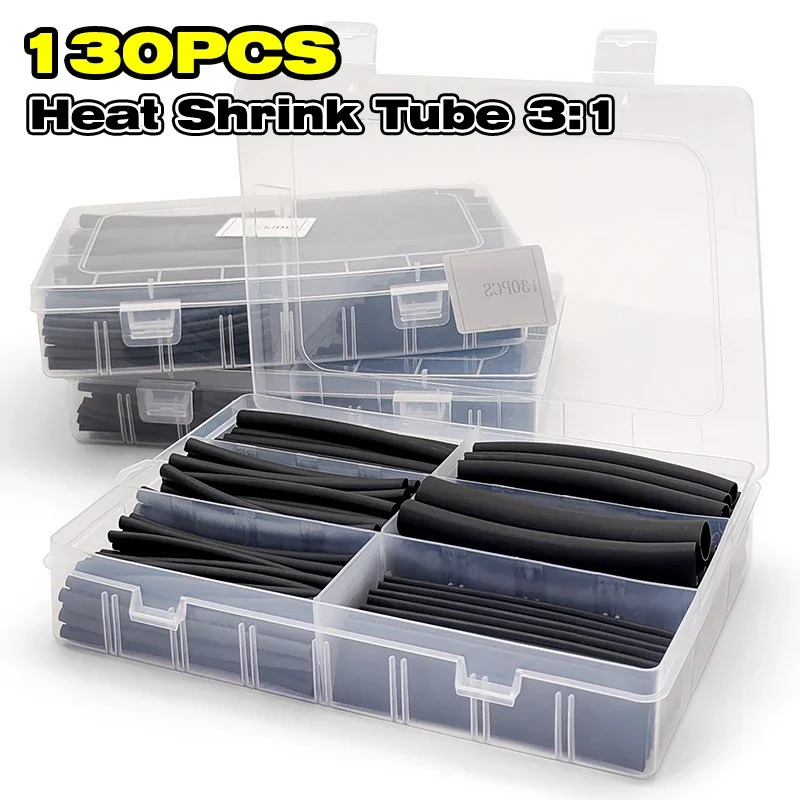 130Pcs Black 3:1 Anti-Corrosion Heat Shrink Wrap Flame Retardant For Forklift Engineering Vehicle Wiring Cable Isolation Cover