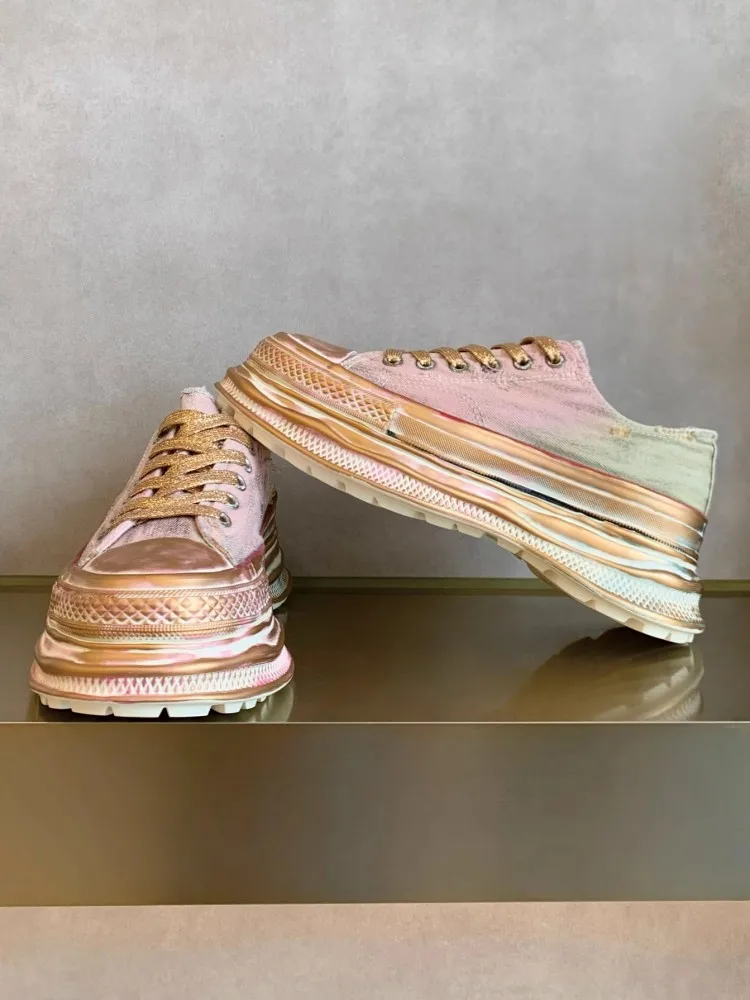 Fashion Women Lace Up Low Cut Thick Platform Canvas Shoes Round Toe Vintage Hole Ripped Casual Shoes Color Gradient Wedges Pumps