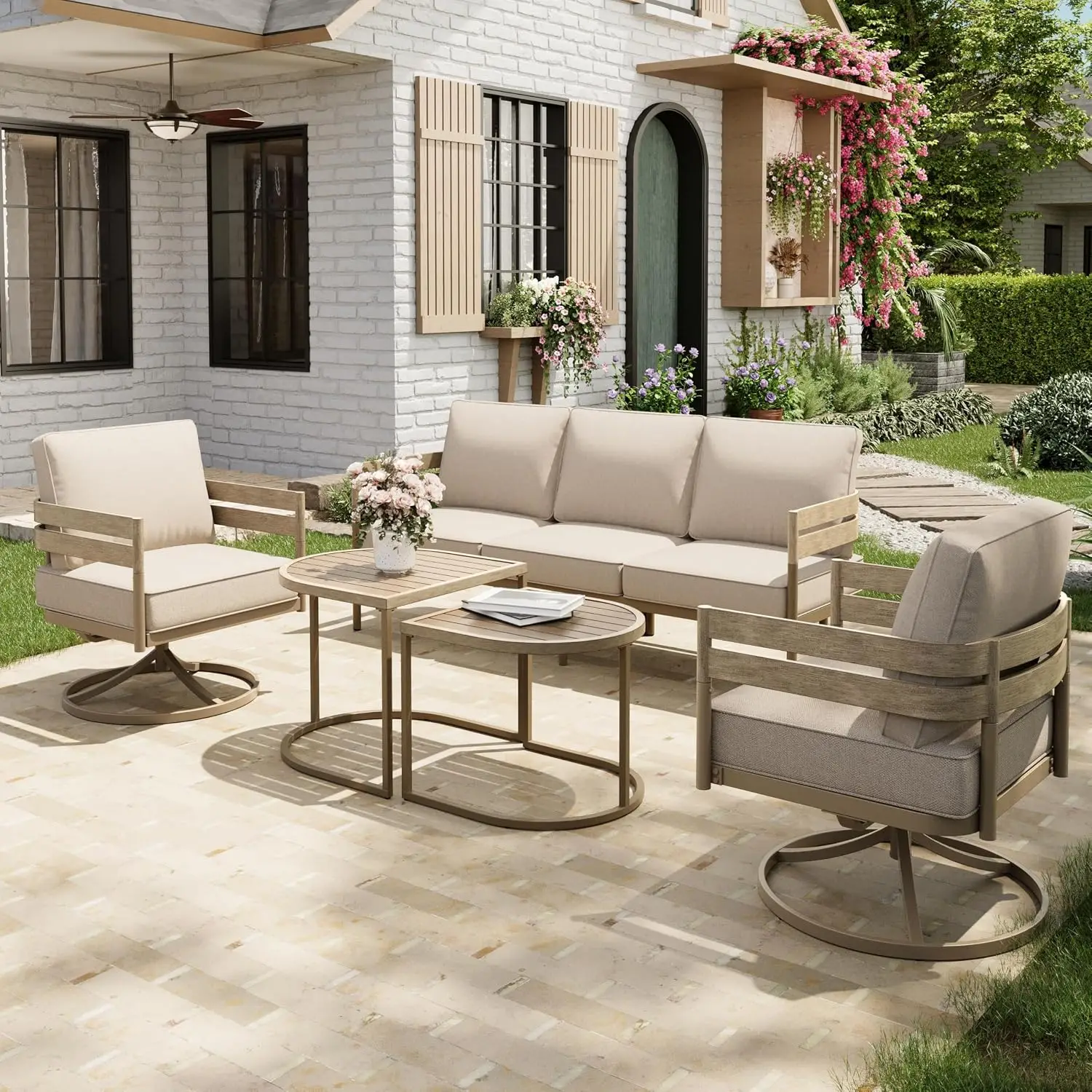 5-Piece Steel Patio Conversation Set, Swivel Chairs, Beige, Customized