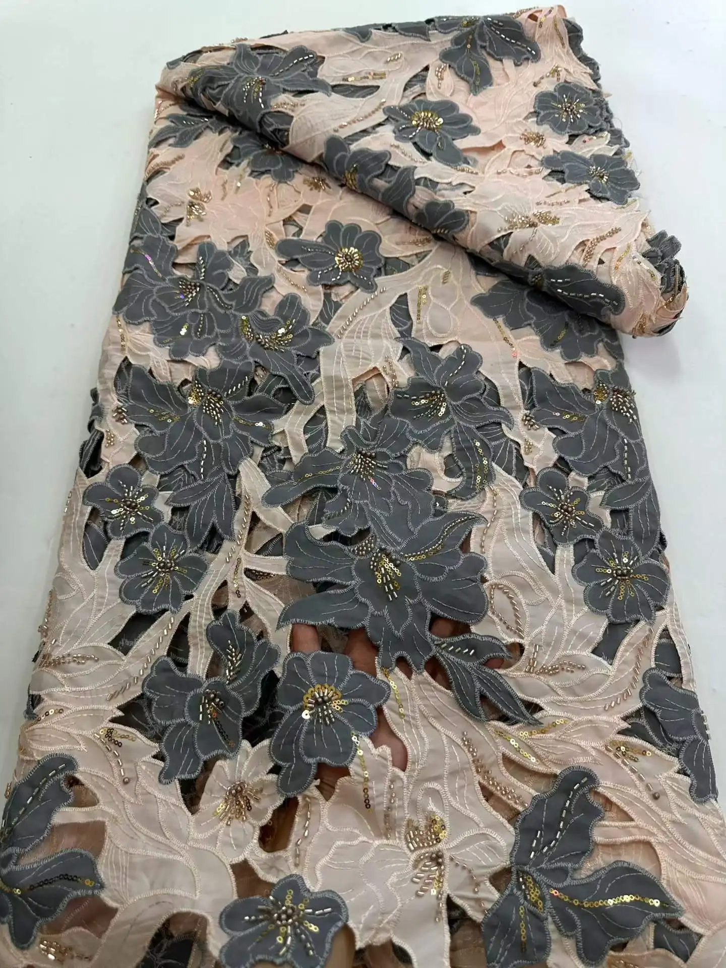 2026Elegant Wedding Evening Dress Fabric - Embroidered Laser Cotton Lace with Stones, High Quality (Austria Latest) ·NN1698_R
