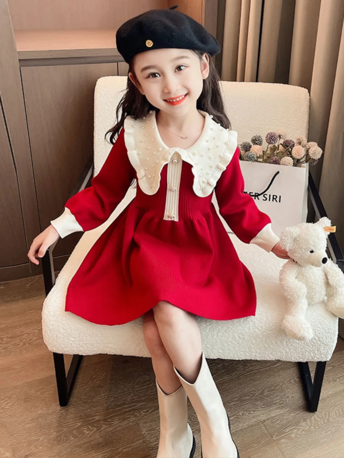 

Red Girls Knitted Dresses Autumn Winter Beading Pearls Collar Sweater Dress Spring Cute Girl Princess Dress Christmas Clothing