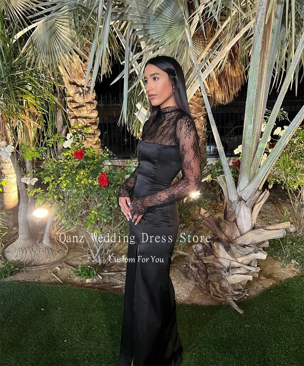 Qanz Black Long Sleeves Evening Dresses O Neck Satin Mermaid Lace Sexy Vestidos De Noche See Through Illusion Party Dress Night