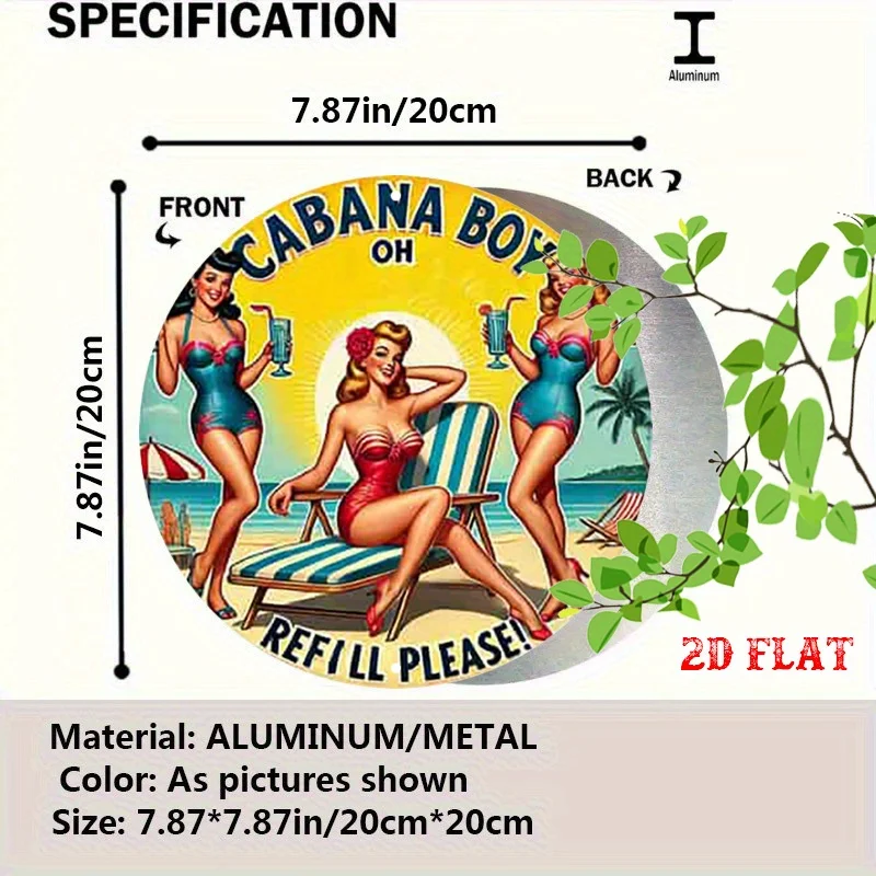 2D Flat, 1pc Vintage Cabana Boy Beach Scene Round Aluminum Sign -7.87x7.87 Inch Retro Metal Wall Art with 