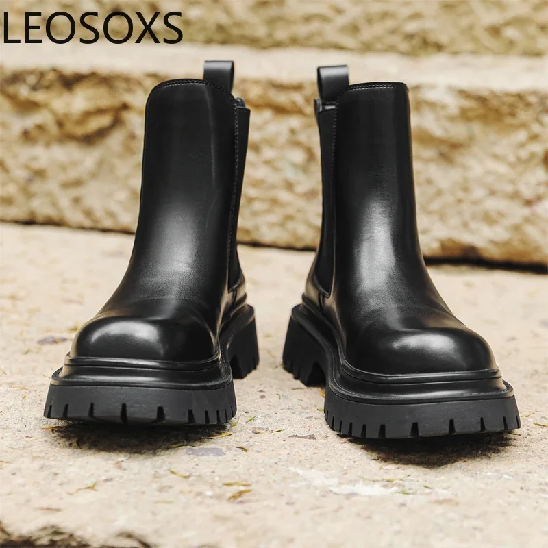 Men's Leather Boots Motorcyclist Boots British Style Anti-slip Water Proof Slip-on Round Toe LEOSOXS Explosive Style Winter Boot