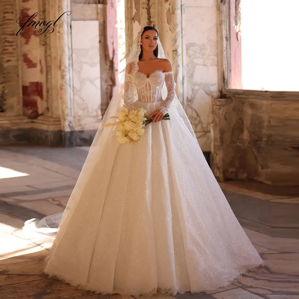 

Customized Off The Shoulder Classic A-Line Wedding Dresses Lace Embroidery Glitter Vestido De Novia Chic Vintage Bridal Gowns
