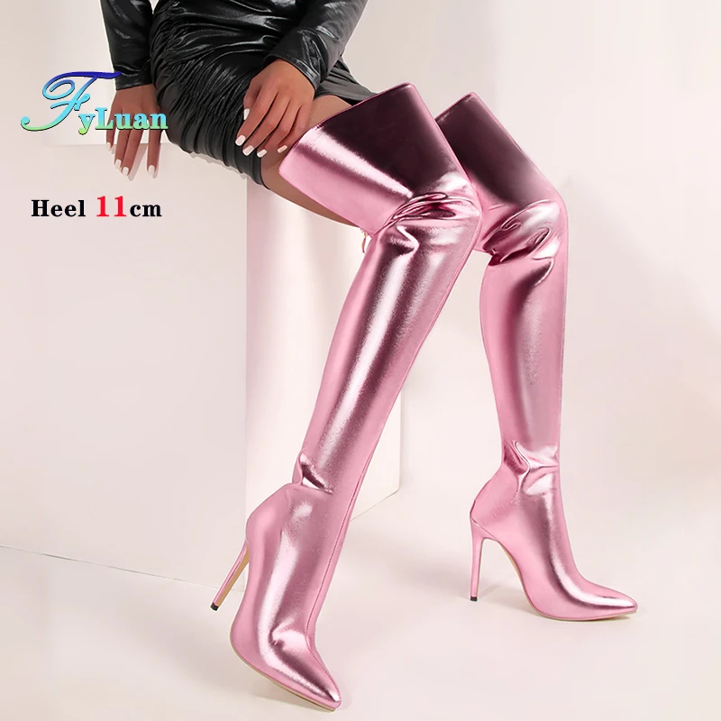 

New High Heels Sexy Wide Leg Boots Women Over-the-Knee ShoesPointed Toe Women's Thigh High Boots With Back Zip Shiny Gold Shoes