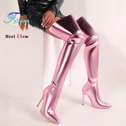 New High Heels Sexy Wide Leg Boots Women Over-the-Knee ShoesPointed Toe Women's Thigh High Boots With Back Zip Shiny Gold Shoes