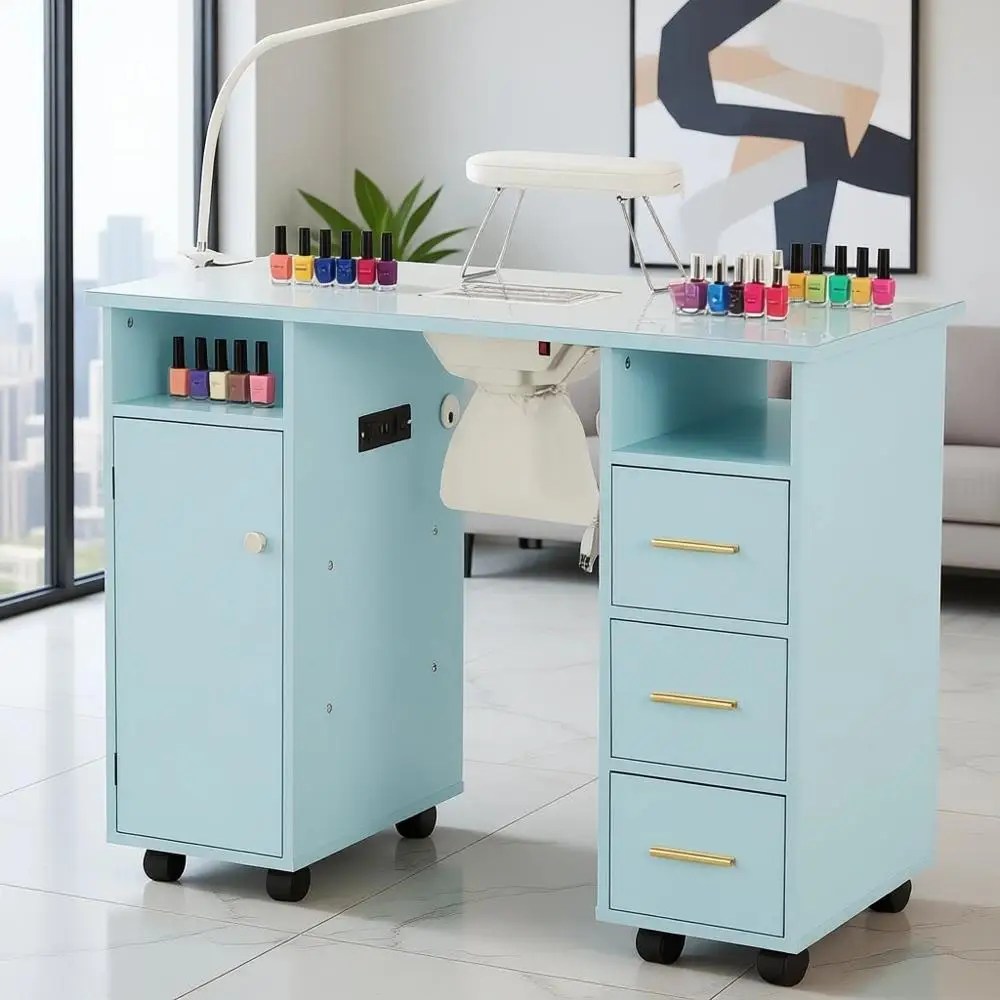 

Professional Rolling Nail Station with Dust Collector, Charging Port, LED Light, Non-Woven Drawers, Polish Rack, Armrest, Light