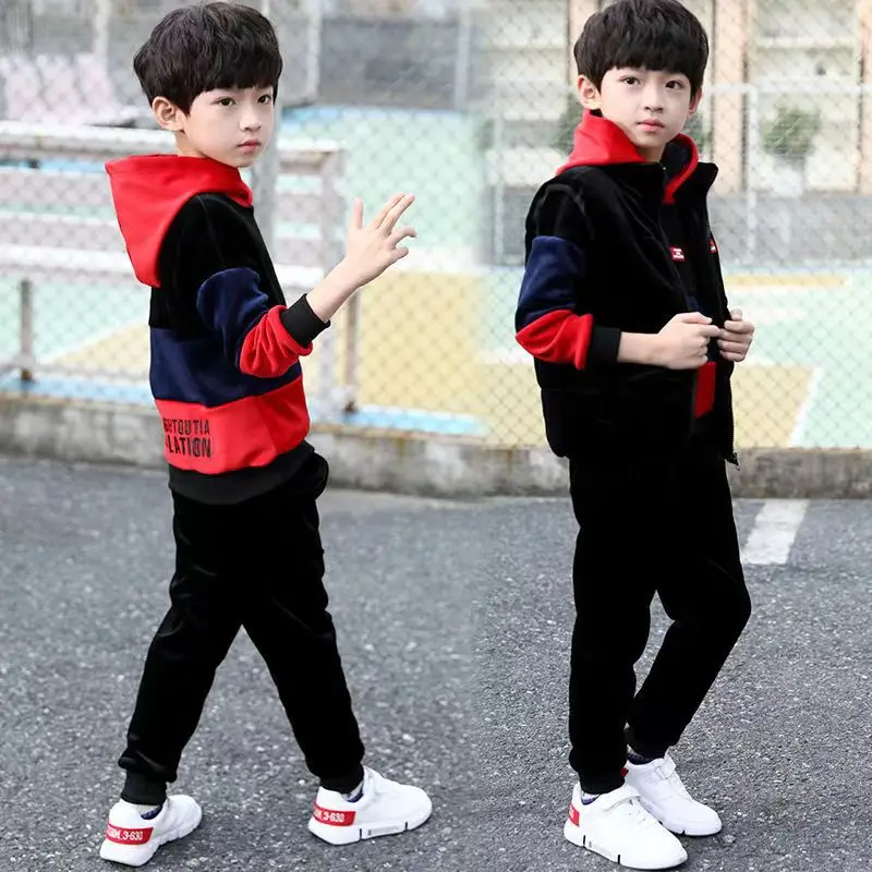 2024 autumn winter Boys tracksuit Toddler Teenager Clothes velvet jacket + zipper hoodie + Pant Children Kids 8 9 10 11 12 year