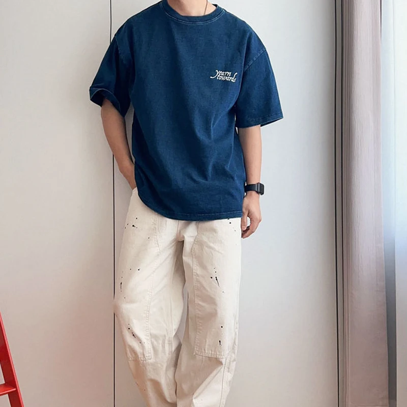 High Quality 320g Cotton Indigo Washed Round Neck Loose Casual Short Sleeved T-shirt with Trendy Print for Men and Women