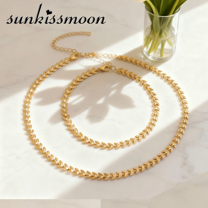 Simple Style Wheat Ear Shape Bracelet Necklace Set Stainless Steel Gold Color Necklace Set Women Girls Fashion Jewelry Gift